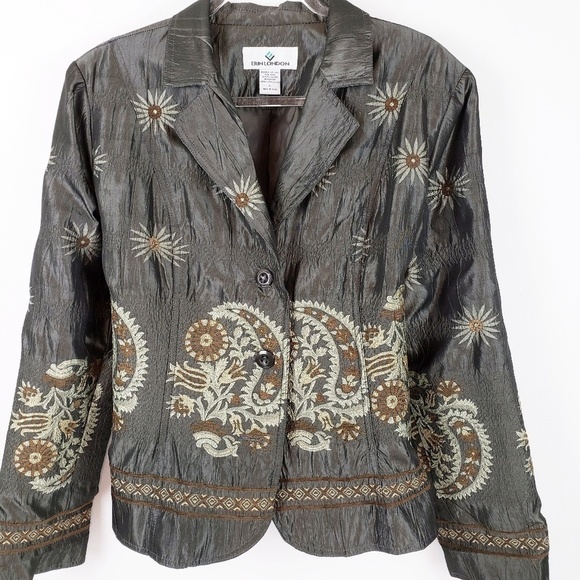 erin london Jackets & Blazers - 𝅺erin LONDON -  Grey Crinkle Embroidered Jacket L…